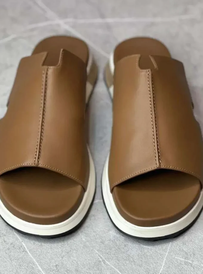 Hermes Brown Leather Pharaon Slides-850-1